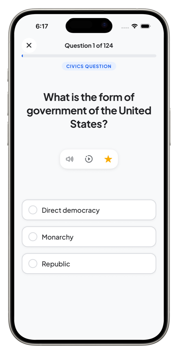 US Citizenship Test app showing a civics practice question